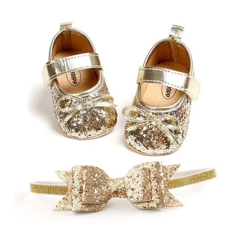 OAISNIT Baby Girl Mary Jane Flats Sparkly Soft Infant Princess Dress Crib Shoes with Headband (12-18 Months Toddler, 3-Gold) - Image 2